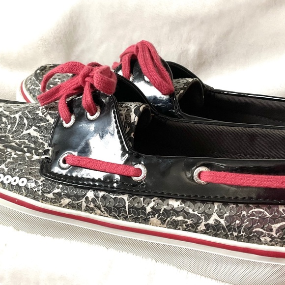Black White Red Sperry Biscayne Sequined Loafer Lace Up Boat Shoes Size 8M - Picture 10 of 15
